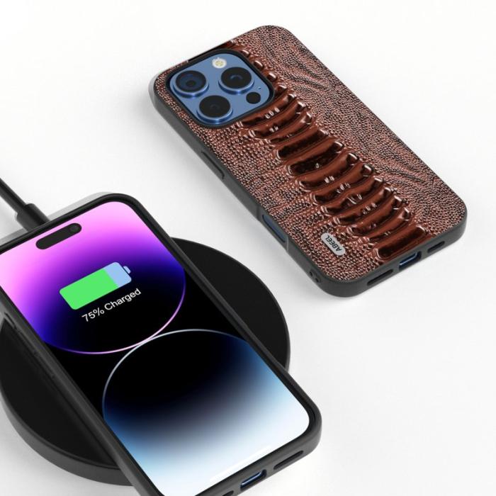 ABEEL - ABEEL iPhone 16 Pro Fodral Krokodiltextur Äkta Läder - Kaffe