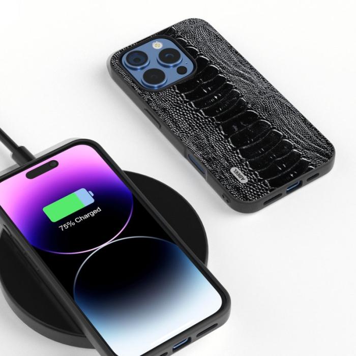 ABEEL - ABEEL iPhone 16 Pro Fodral Krokodiltextur Äkta Läder Svart