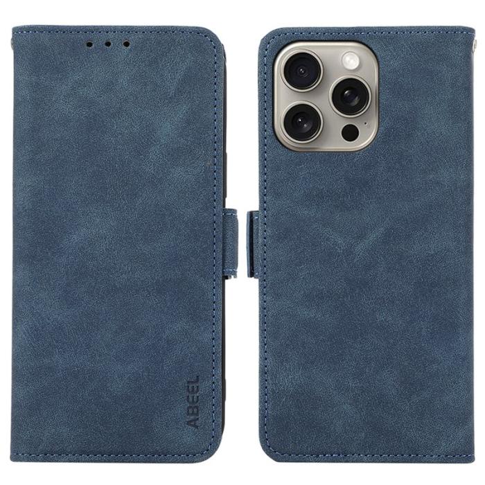 ABEEL - ABEEL iPhone 16 Pro Fodral PU Läder Folio Ställ Blå