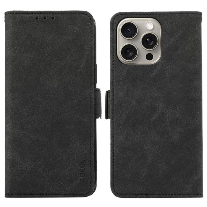ABEEL - ABEEL iPhone 16 Pro Fodral PU Läder Folio Ställ Svart