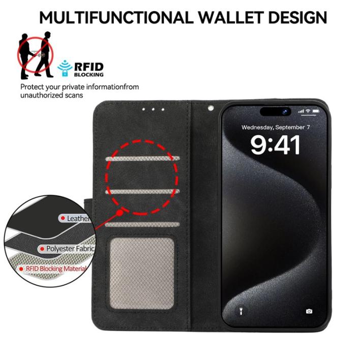 ABEEL - ABEEL iPhone 16 Pro Fodral RFID Blocker Läder Flip Svart