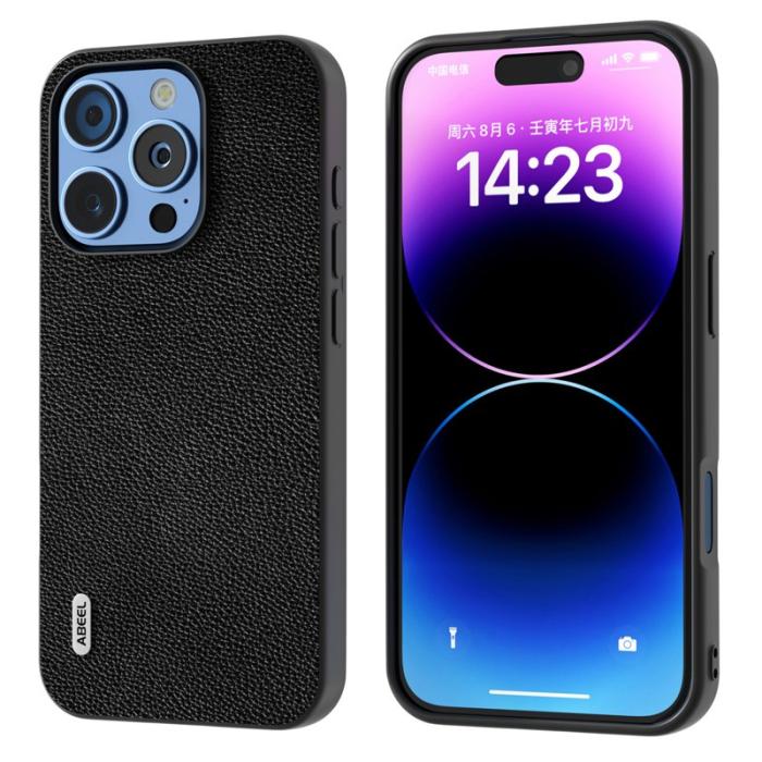 ABEEL - ABEEL iPhone 16 Pro Max Fodral Litchi Textur Äkta Läder Svart