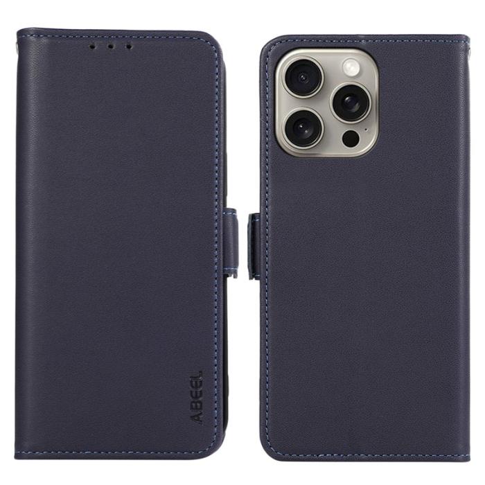 ABEEL - ABEEL iPhone 16 Pro Max Läderfodral RFID Blocker Ställ - Blå