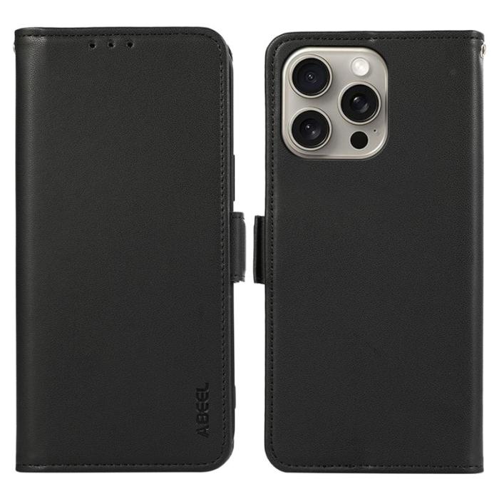 ABEEL - ABEEL iPhone 16 Pro Max Läderfodral RFID Blocker Ställ - Svart