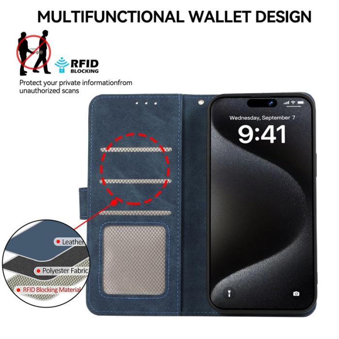 ABEEL - ABEEL iPhone 16 Pro Max Läderfodral RFID Skydd Blå