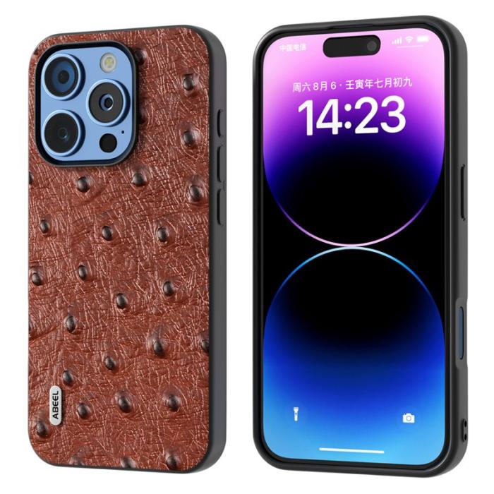 ABEEL - ABEEL iPhone 16 Pro Max Skal Äkta Läder Ostrich Textur Kaffe