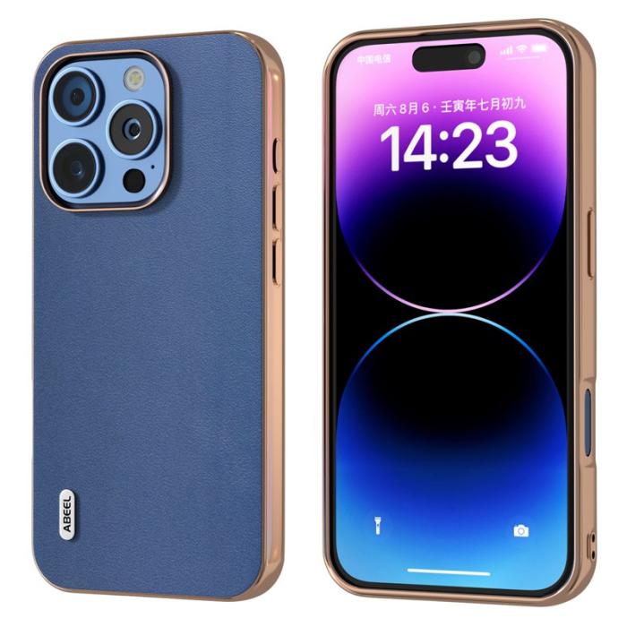 ABEEL - ABEEL iPhone 16 Pro Max Skal Electroplating Äkta Läder Blå