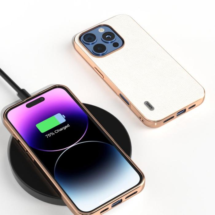 ABEEL - ABEEL iPhone 16 Pro Max Skal Electroplating Äkta Läder Grå