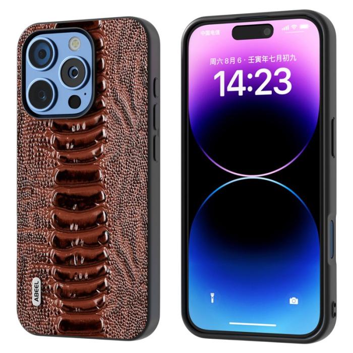 ABEEL - ABEEL iPhone 16 Pro Max Skal Krokodil Textur Äkta Läder - Kaffe