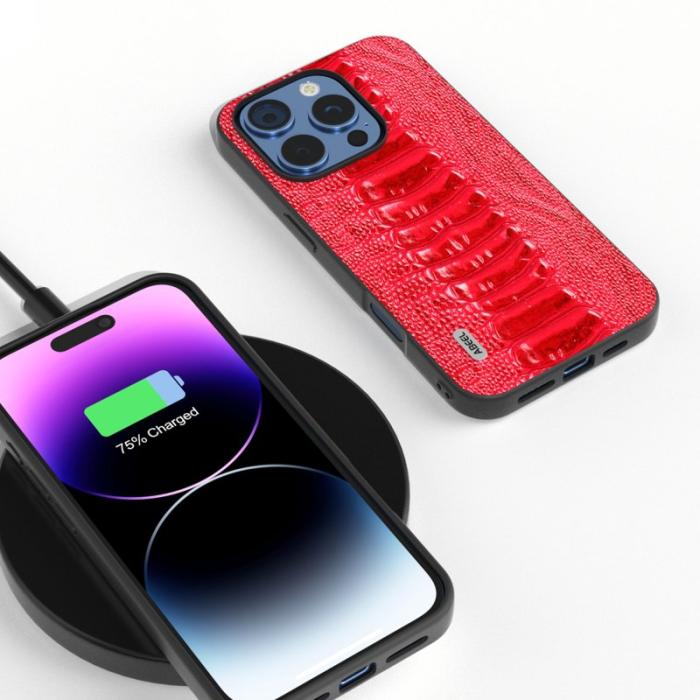 ABEEL - ABEEL iPhone 16 Pro Max Skal Krokodil Textur Äkta Läder Röd