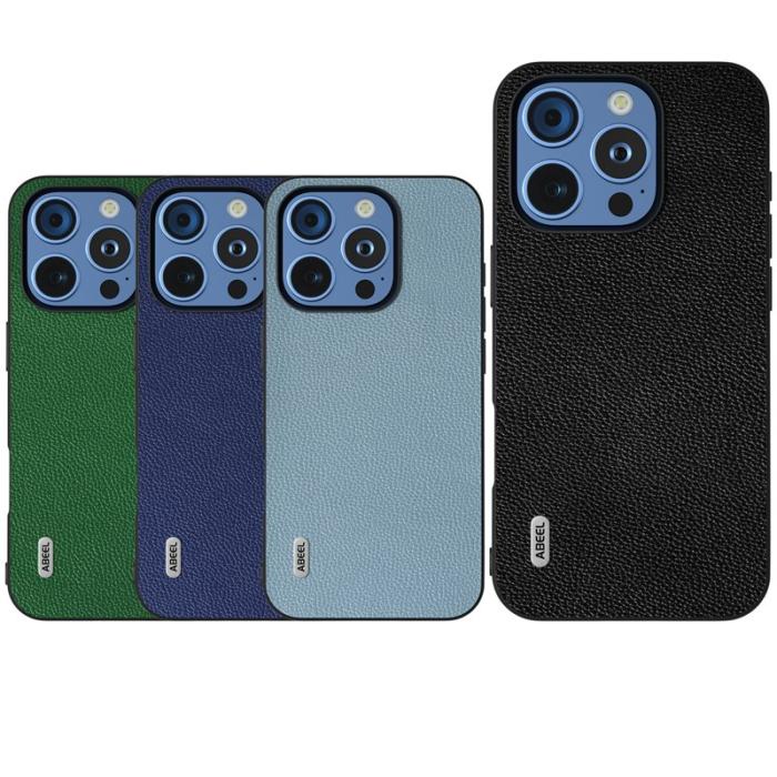 ABEEL - ABEEL iPhone 16 Pro Max Skal Litchi Textur Äkta Läder Blå