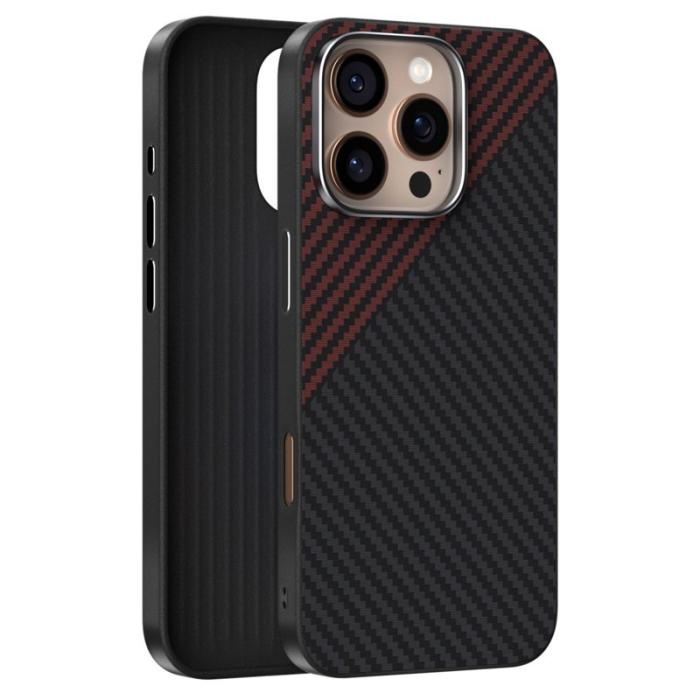 ABEEL - ABEEL iPhone 16 Pro Max Skal MagSafe Kolfiber Svart/Röd
