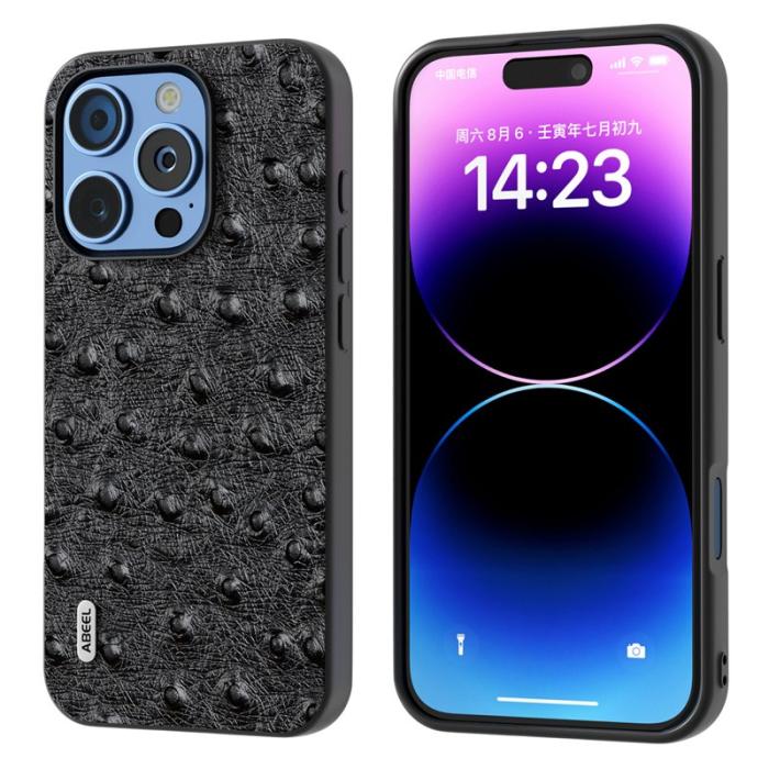 ABEEL - ABEEL iPhone 16 Pro Max Skal Ostrich Textur Äkta Läder Svart
