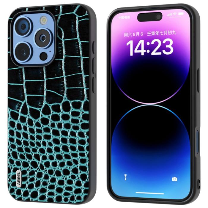 ABEEL - ABEEL iPhone 16 Pro Skal Äkta Läder Krokodiltextur - Mörkgrön