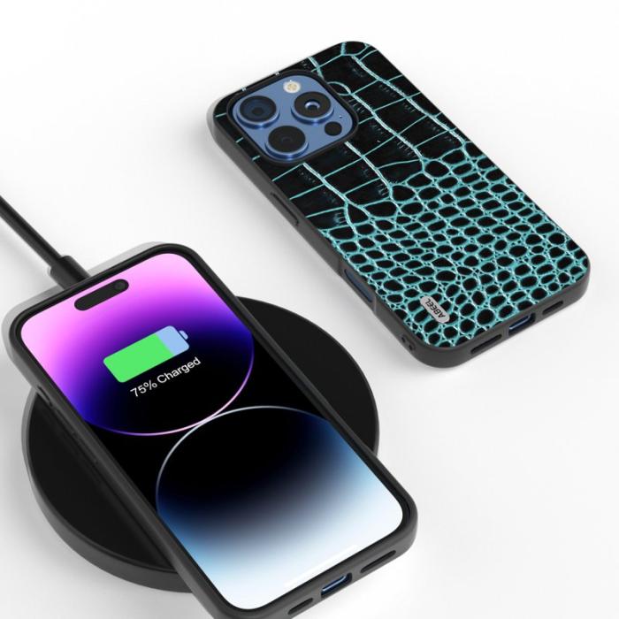 ABEEL - ABEEL iPhone 16 Pro Skal Äkta Läder Krokodiltextur - Mörkgrön