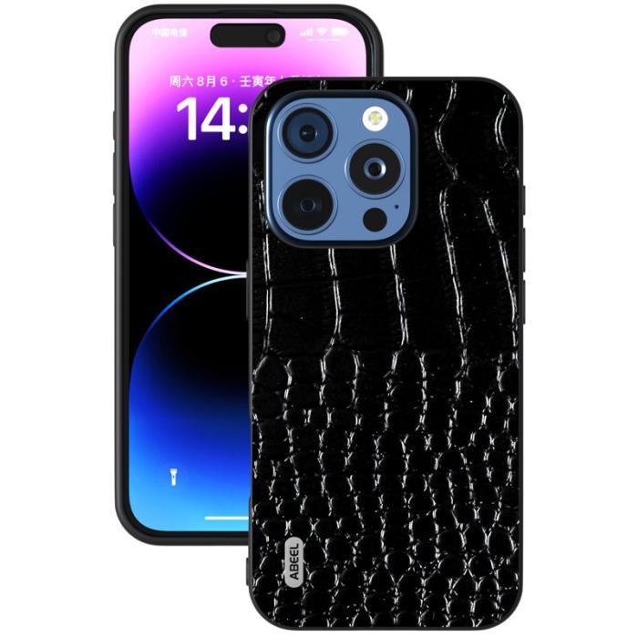 ABEEL - ABEEL iPhone 16 Pro Skal Äkta Läder Krokodiltextur - Svart