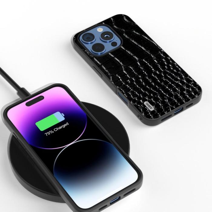 ABEEL - ABEEL iPhone 16 Pro Skal Äkta Läder Krokodiltextur - Svart