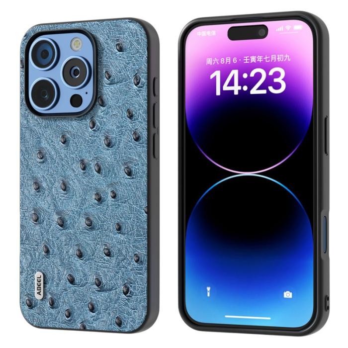 ABEEL - ABEEL iPhone 16 Pro Skal Äkta Läder Ostrich Textur Blå