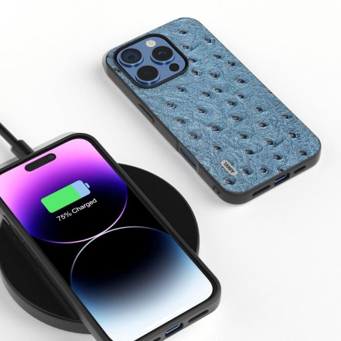 ABEEL - ABEEL iPhone 16 Pro Skal Äkta Läder Ostrich Textur Blå