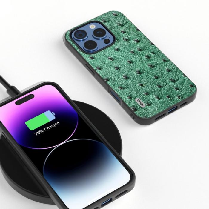 ABEEL - ABEEL iPhone 16 Pro Skal Äkta Läder Ostrich Textur Grön
