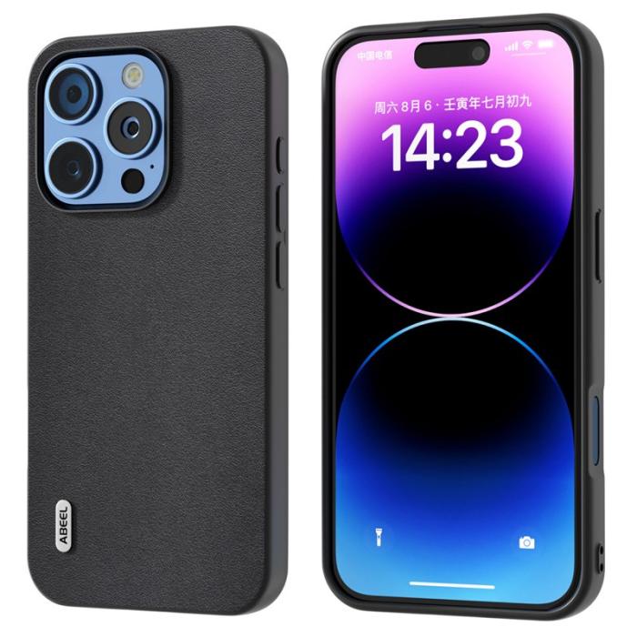 ABEEL - ABEEL iPhone 16 Pro Skal Äkta Läder + PC + TPU Skydd - Svart