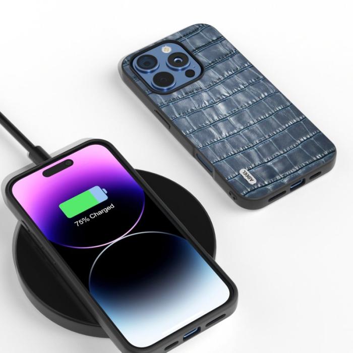 ABEEL - ABEEL iPhone 16 Pro Skal Äkta Läder + PC + TPU Stöttålig - Blå