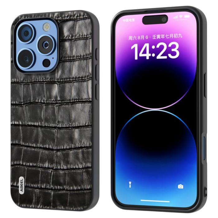 ABEEL - ABEEL iPhone 16 Pro Skal Äkta Läder + PC + TPU Stöttålig Svart