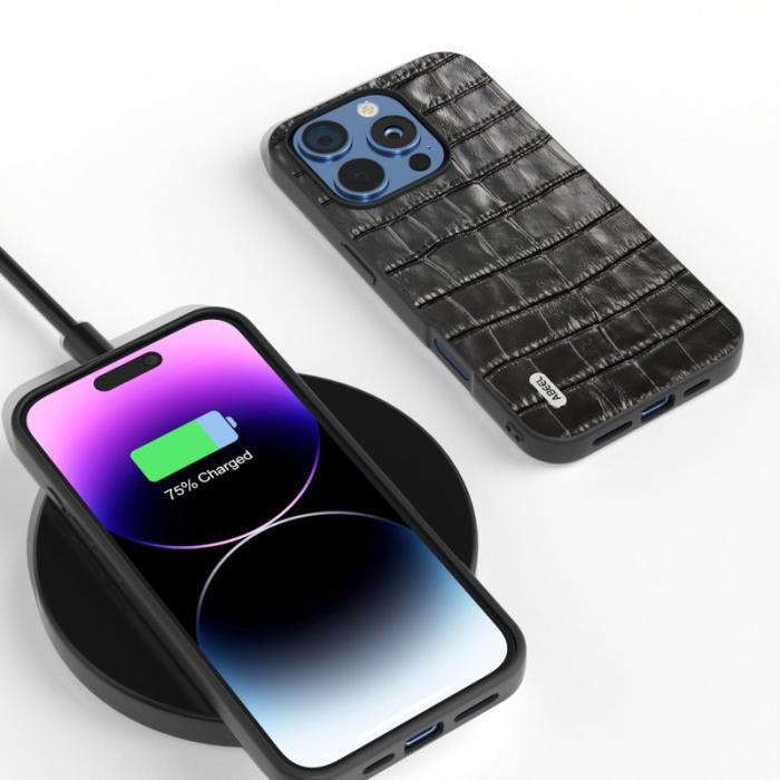 ABEEL - ABEEL iPhone 16 Pro Skal Äkta Läder + PC + TPU Stöttålig Svart