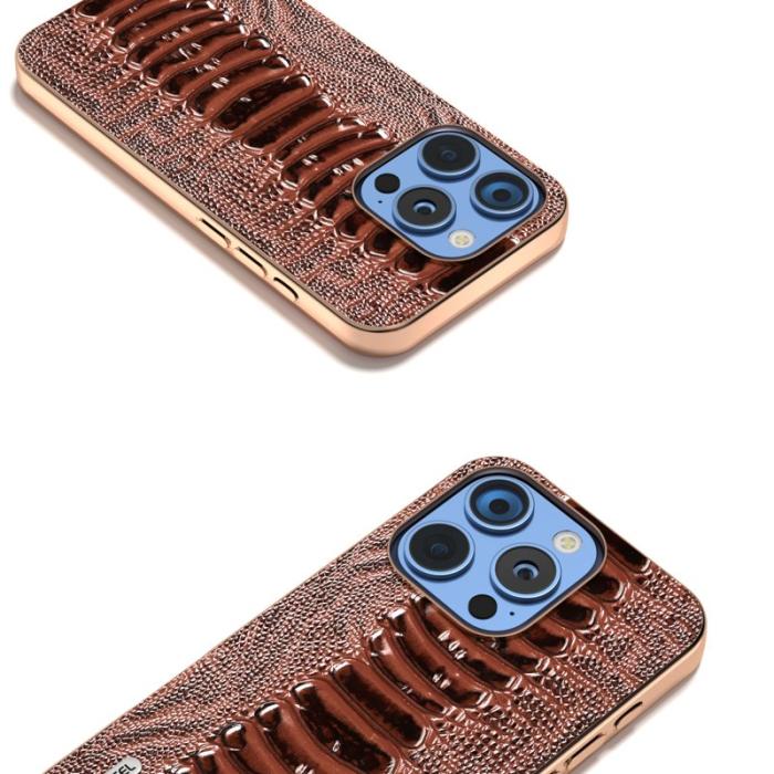 ABEEL - ABEEL iPhone 16 Pro Skal Electroplaterad Krokodil Läder - Kaffe