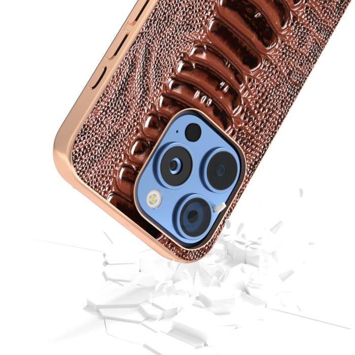 ABEEL - ABEEL iPhone 16 Pro Skal Electroplaterad Krokodil Läder - Kaffe