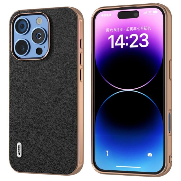 ABEEL - ABEEL iPhone 16 Pro Skal Electroplating Äkta Läder Svart
