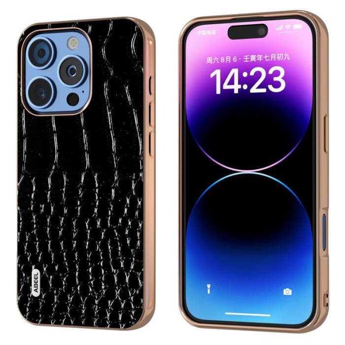 ABEEL - ABEEL iPhone 16 Pro Skal Electroplating Crocodile Läder - Svart