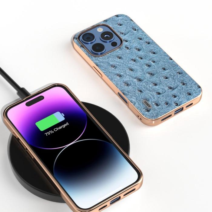 ABEEL - ABEEL iPhone 16 Pro Skal Electroplating Ostrich Läder - Blå