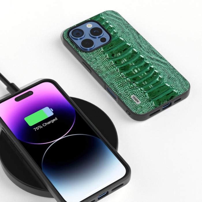 ABEEL - ABEEL iPhone 16 Pro Skal Krokodil Textur Äkta Läder Grön