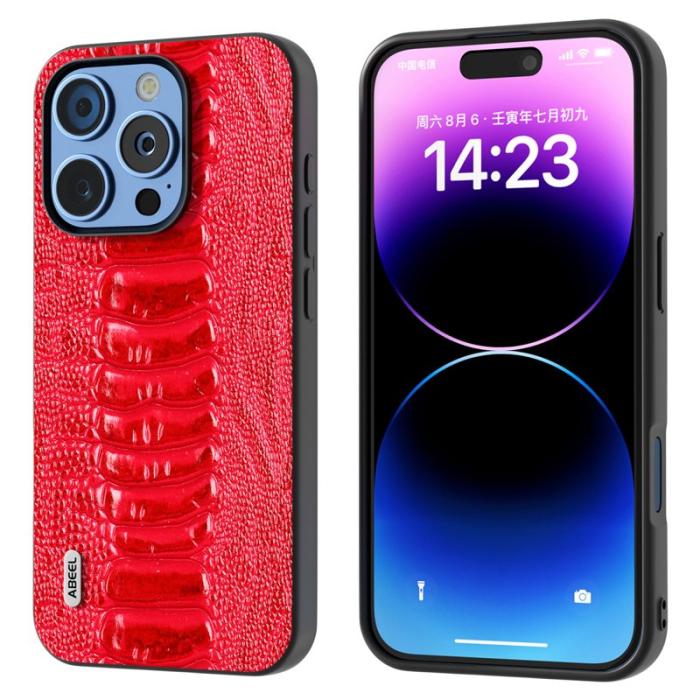 ABEEL - ABEEL iPhone 16 Pro Skal Krokodil Textur Äkta Läder Röd
