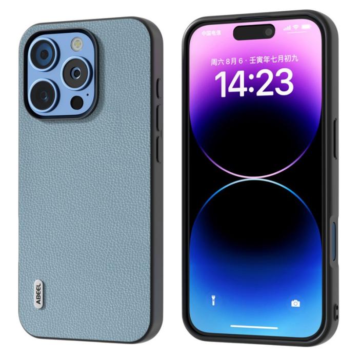 ABEEL - ABEEL iPhone 16 Pro Skal Litchi Textur Äkta Läder - Baby Blue
