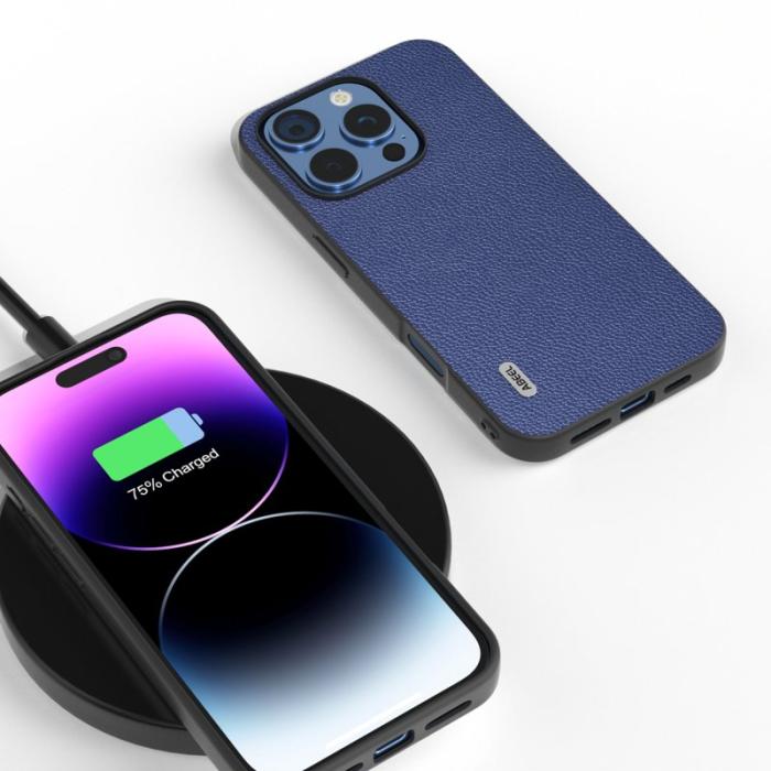 ABEEL - ABEEL iPhone 16 Pro Skal Litchi Textur Äkta Läder + PC - Blå