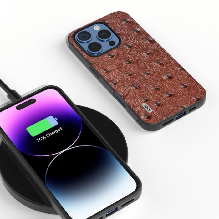ABEEL - ABEEL iPhone 16 Pro Skal Ostrich Textur Äkta Läder - Kaffe