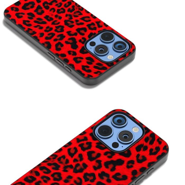 ABEEL - ABEEL iPhone 16 Pro Skal PU+TPU Leopardmönster Röd