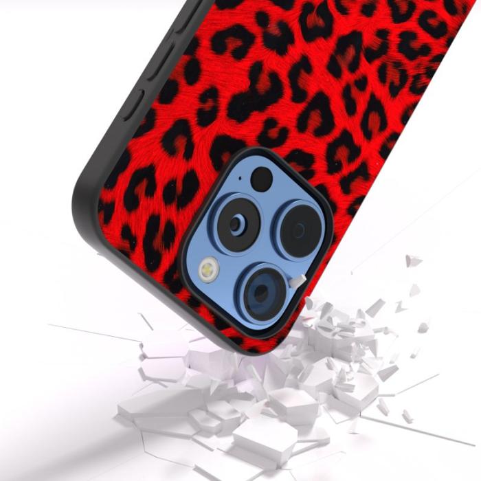 ABEEL - ABEEL iPhone 16 Pro Skal PU+TPU Leopardmönster Röd