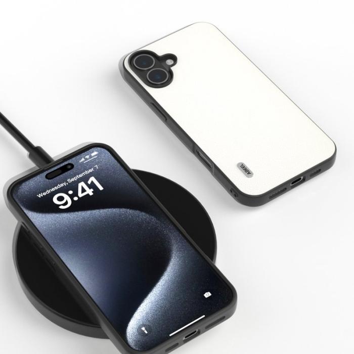 ABEEL - ABEEL iPhone 16 Skal Äkta Läder Coated PC+TPU Vit