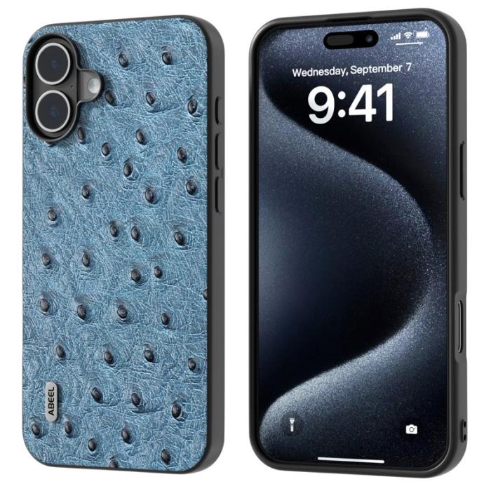 ABEEL - ABEEL iPhone 16 Skal Äkta Läder + PC + TPU Blå Ostrich Textur