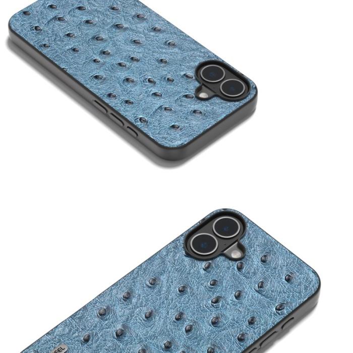 ABEEL - ABEEL iPhone 16 Skal Äkta Läder + PC + TPU Blå Ostrich Textur