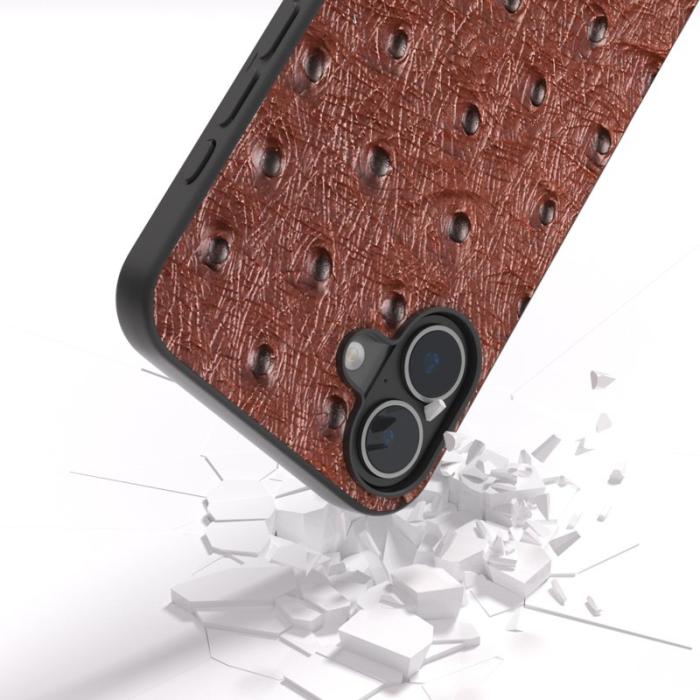 ABEEL - ABEEL iPhone 16 Skal Äkta Läder + PC + TPU Ostrich Textur - Kaffe