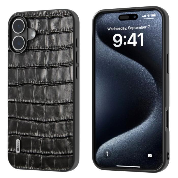 ABEEL - ABEEL iPhone 16 Skal Äkta Läder + PC + TPU Stöttålig - Svart