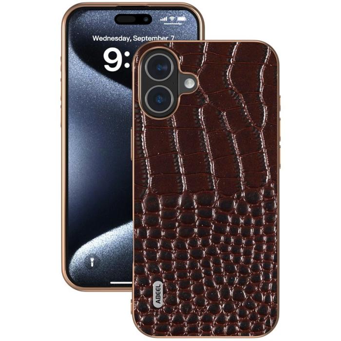 ABEEL - ABEEL iPhone 16 Skal Electroplaterad Krokodil Läder - Kaffe