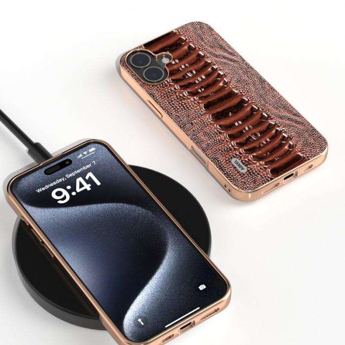 ABEEL - ABEEL iPhone 16 Skal Electroplaterad Krokodil Textur Kaffe