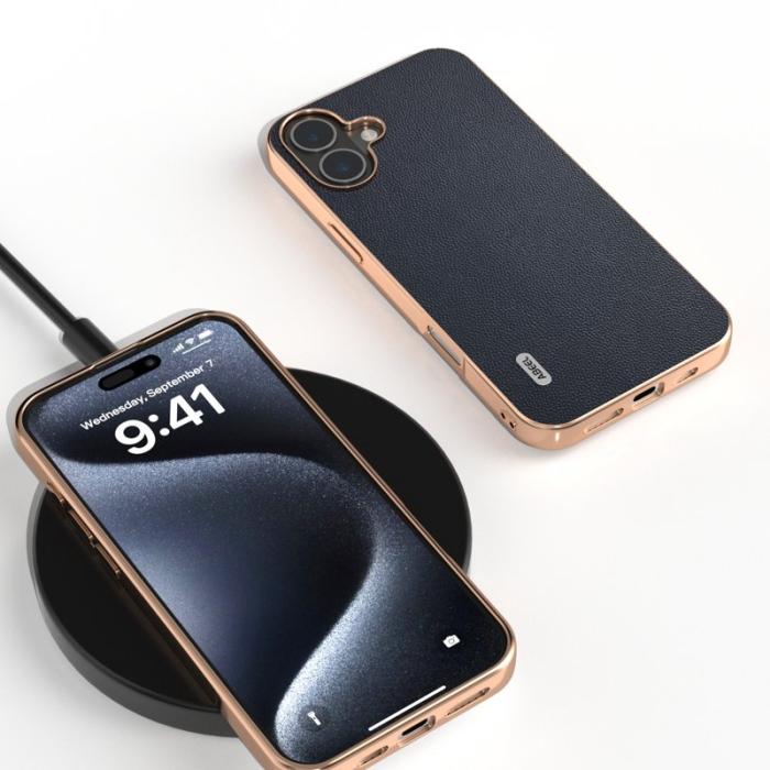 ABEEL - ABEEL iPhone 16 Skal Electroplating Äkta Läder PC - Blå