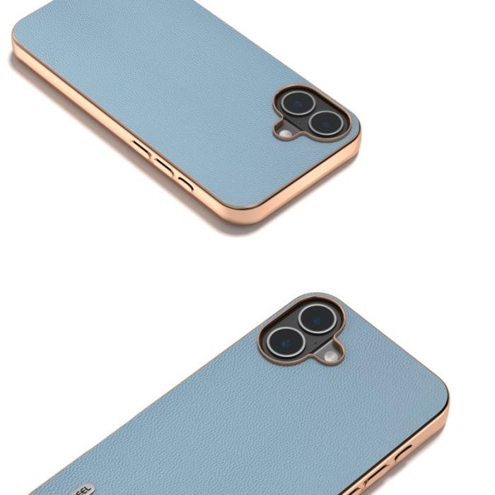 ABEEL - ABEEL iPhone 16 Skal Electroplating Äkta Läder PC - Ljusblå