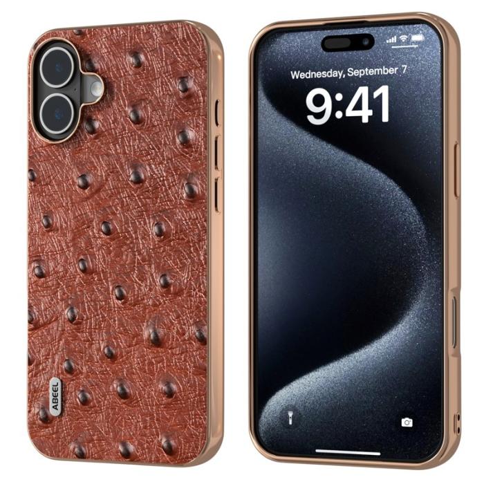 ABEEL - ABEEL iPhone 16 Skal Electroplating Edge Ostrich Läder - Kaffe